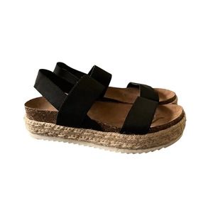 Madden Girl Cybell Espadrille Platform Sandal Black Cork Midsole Strap 6.5 M
